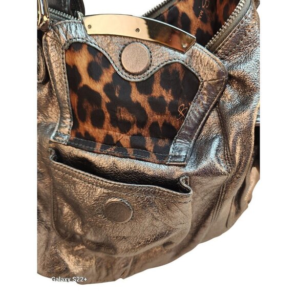 Metallic Silver B. Makowsky Genuine Leather Tote Shoulder Bag With Leopard Print - Picture 11 of 13